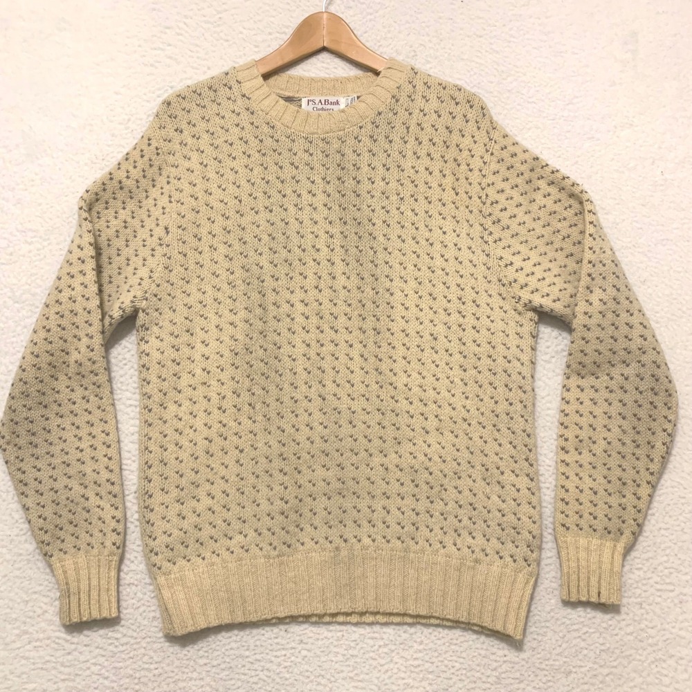VTG Jos A Bank Wool Birds Eye Knit Crewneck Sweater Mens L USA Made Cream
